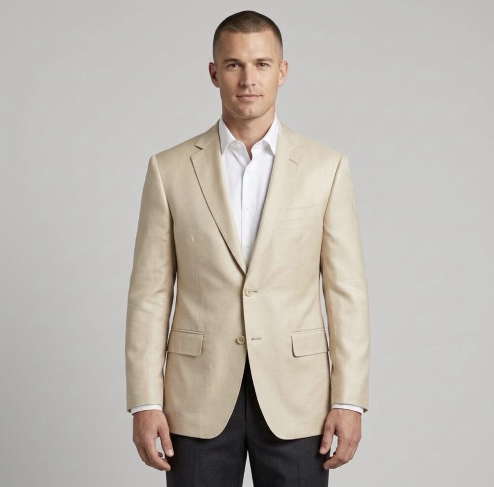 Trunk Club Custom Men’s 100% Silk Two Button Blazer 40S Beige Sport Coat Jacket